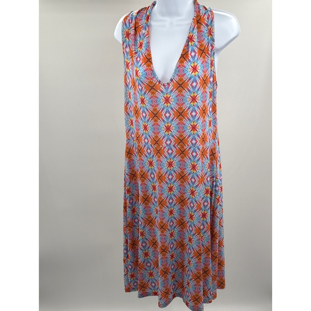 Viereck Womens Geometric V-Neck Racerback Midi Dress Orange Blue XL NWT